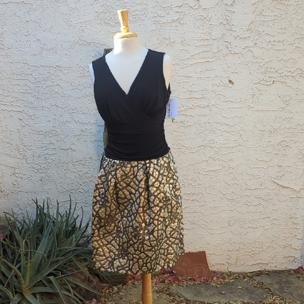 Enfocus Studio Black Top with Metallic Gold Patterned A-Line Skirt